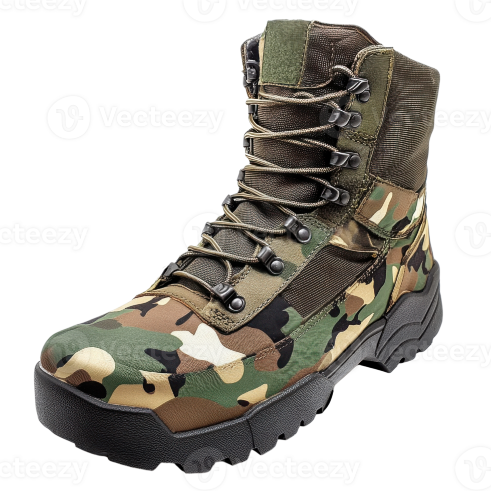 Camouflage Combat Boot Product Shot on transparent background. png