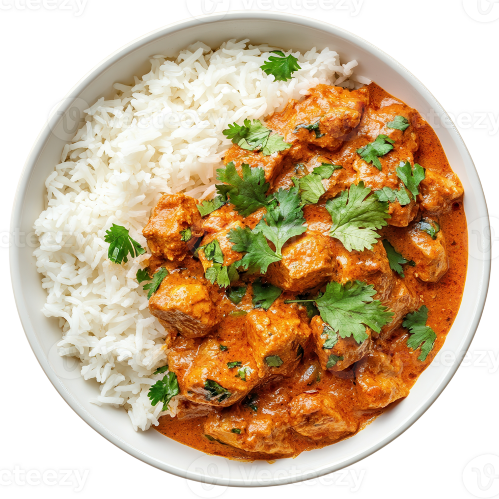 Delicious Chicken Tikka Masala with Rice on transparent background. png