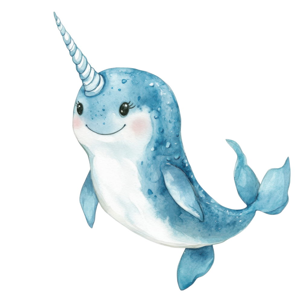 Adorable Watercolor Narwhal Nursery Clipart on transparent background. png