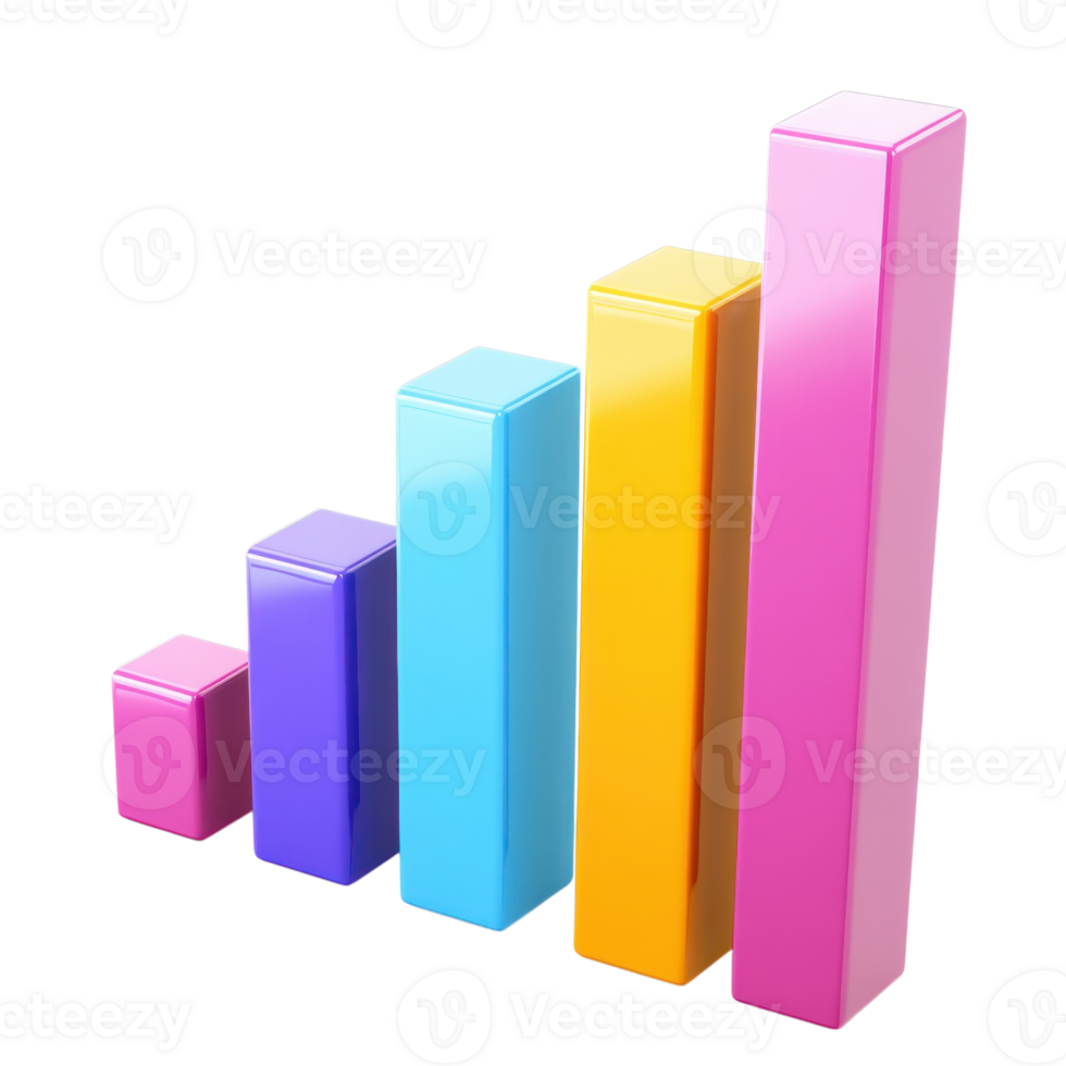 Colorful 3D Bar Graph Data Visualization on transparent background. png