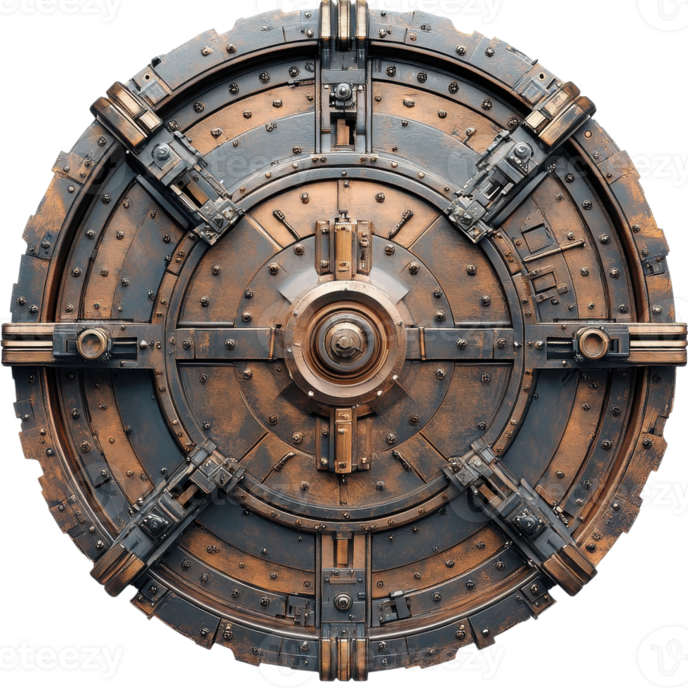 Secure Metal Vault Door with Intricate Mechanism on transparent background. png