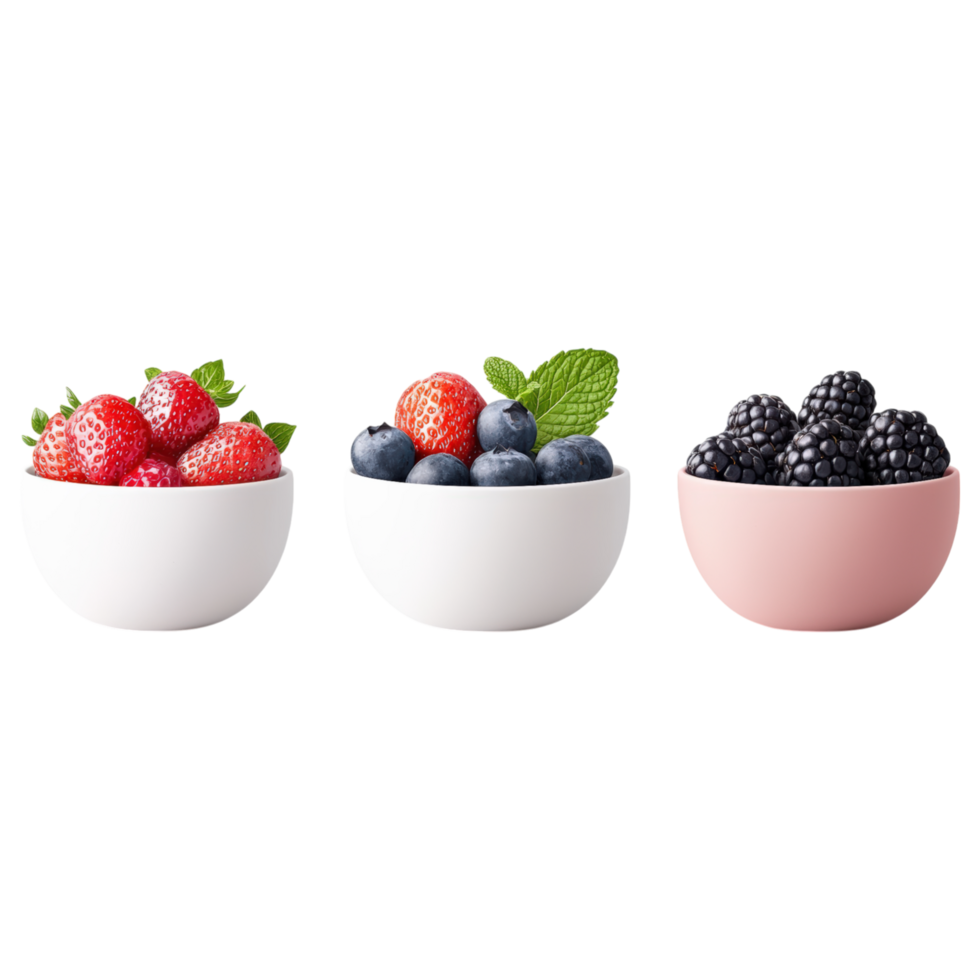 Food concept, Fresh strawberries, blueberries, and blackberries in bowls create vibrant and healthy display of mixed berries png