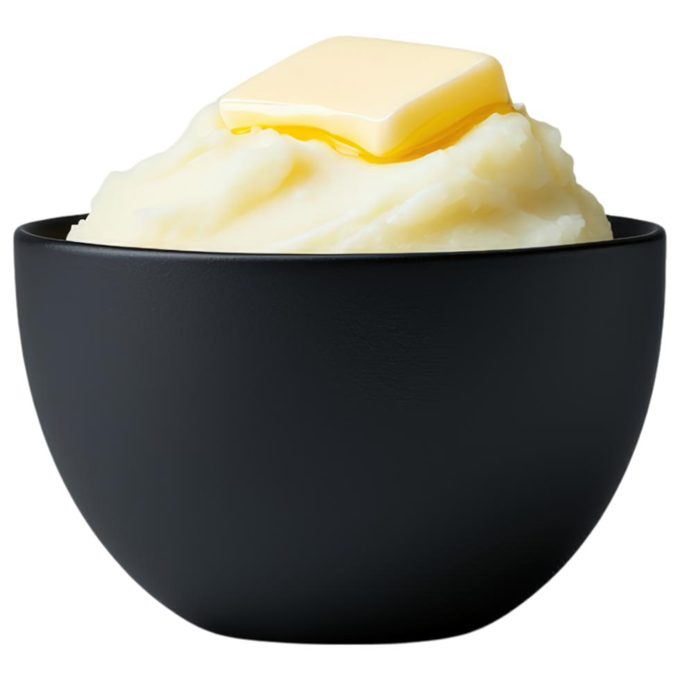 Food concept, Creamy mashed potatoes topped with melted butter in black bowl, perfect for comfort food lovers png