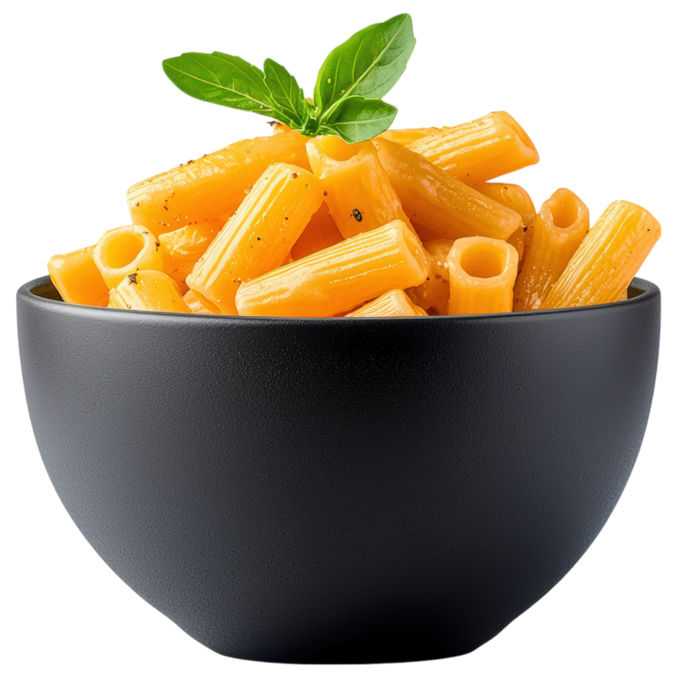 Food concept, Creamy macaroni and cheese in black bowl, garnished with fresh basil, looks delicious and inviting png