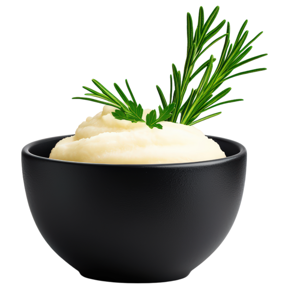 Food concept Creamy mashed potatoes topped with fresh herbs in black bowl, perfect for comforting meal. png