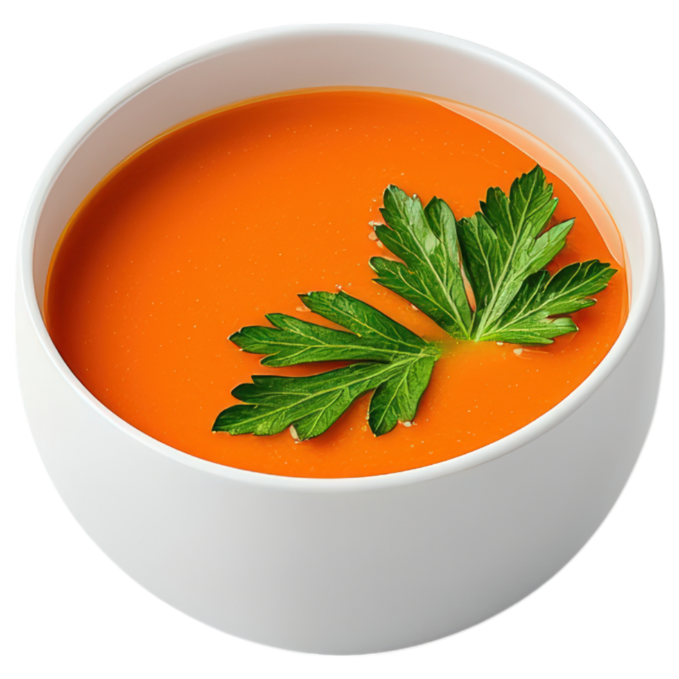 Food concept, bowl of creamy tomato soup garnished with fresh sprig of parsley, evoking warmth and comfort png