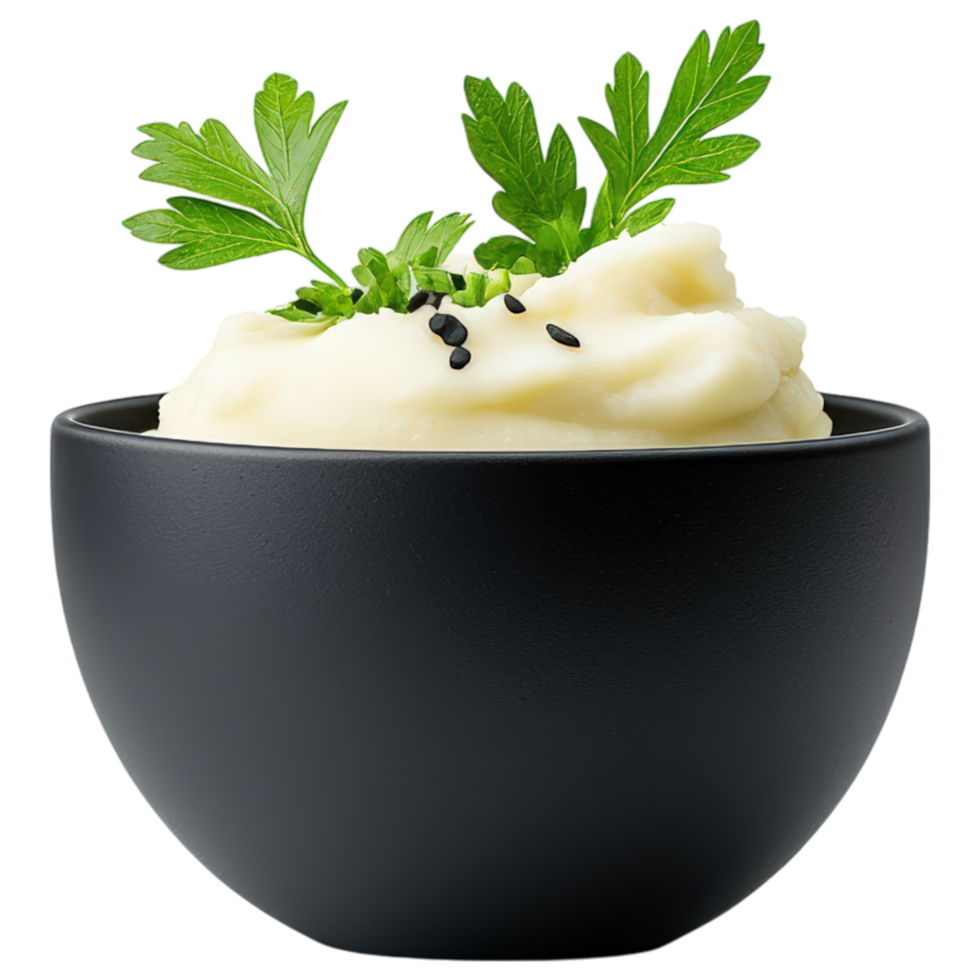 Food concept Creamy mashed potatoes topped with fresh herbs in black bowl, perfect for comforting meal png
