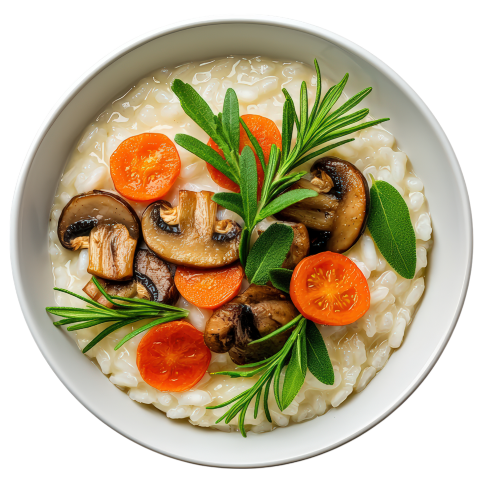 Food concept, Creamy mushroom risotto topped with fresh herbs and vibrant vegetables creates delightful and comforting dish png
