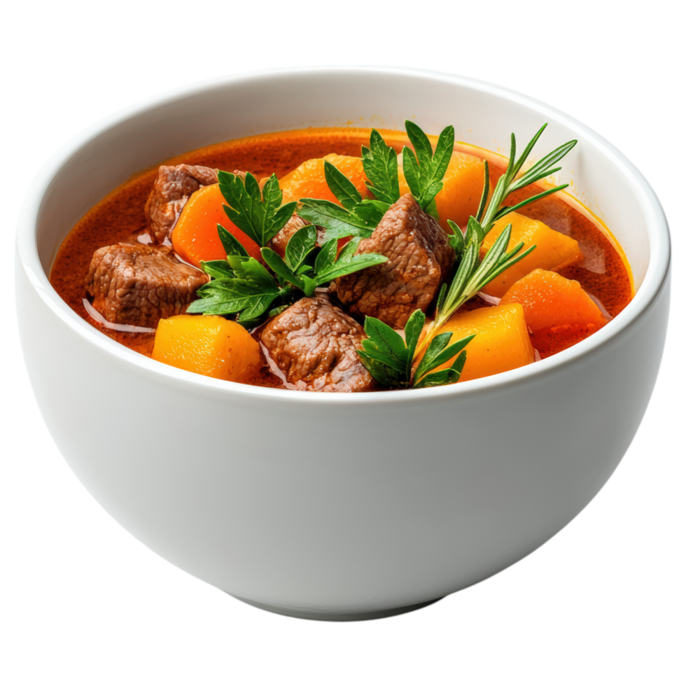 Food concept, bowl of hearty beef stew with fresh herbs, vegetables, and rich broth, perfect for comforting meal png