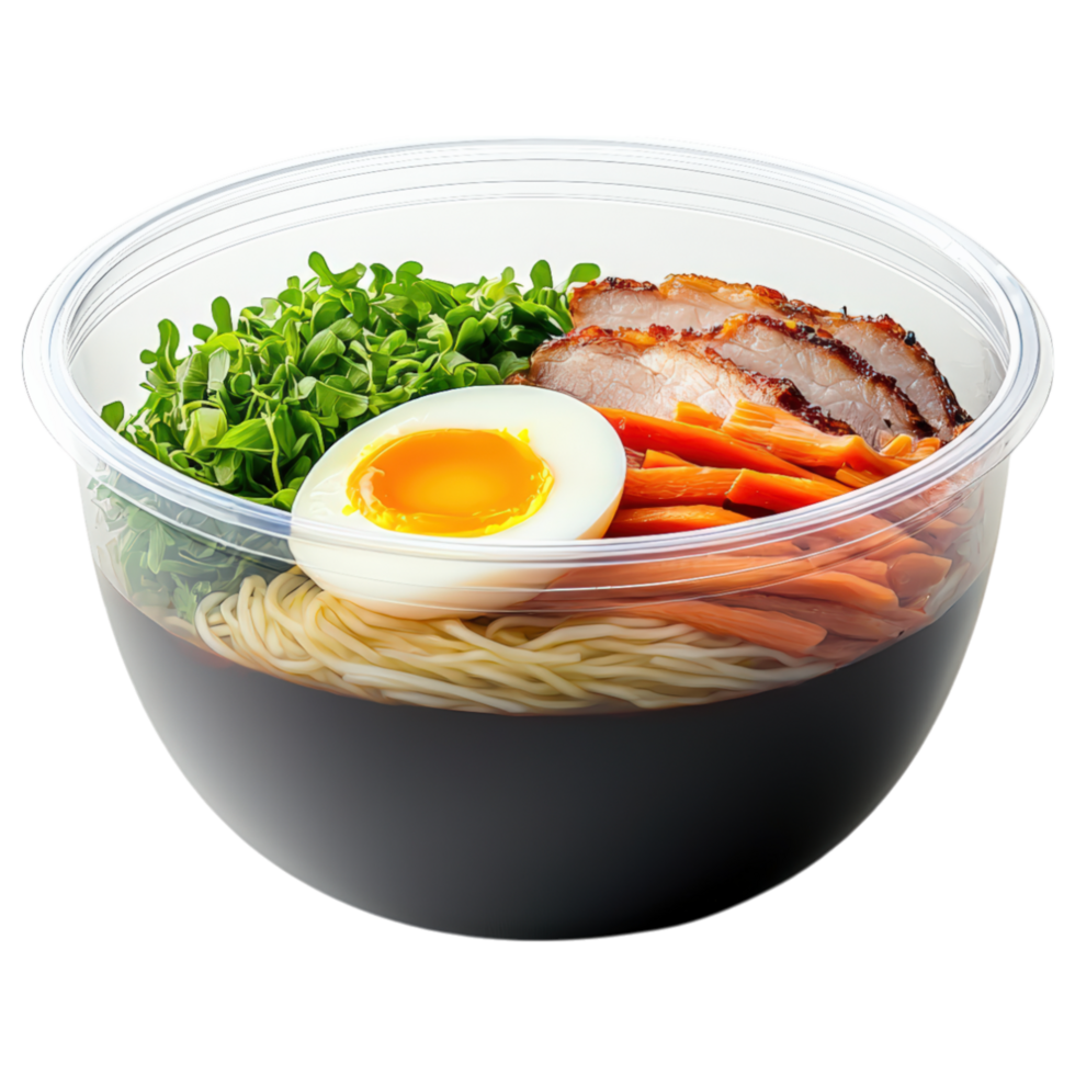 Food concept, delicious bowl of ramen featuring rich broth, soft boiled egg, tender pork, and fresh vegetables, perfect for comforting meal png