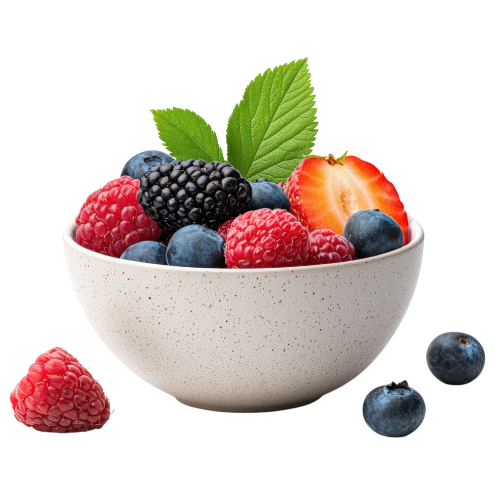 Food concept, bowl of vibrant mixed berries, including raspberries, blueberries, and blackberries, evokes freshness and health png