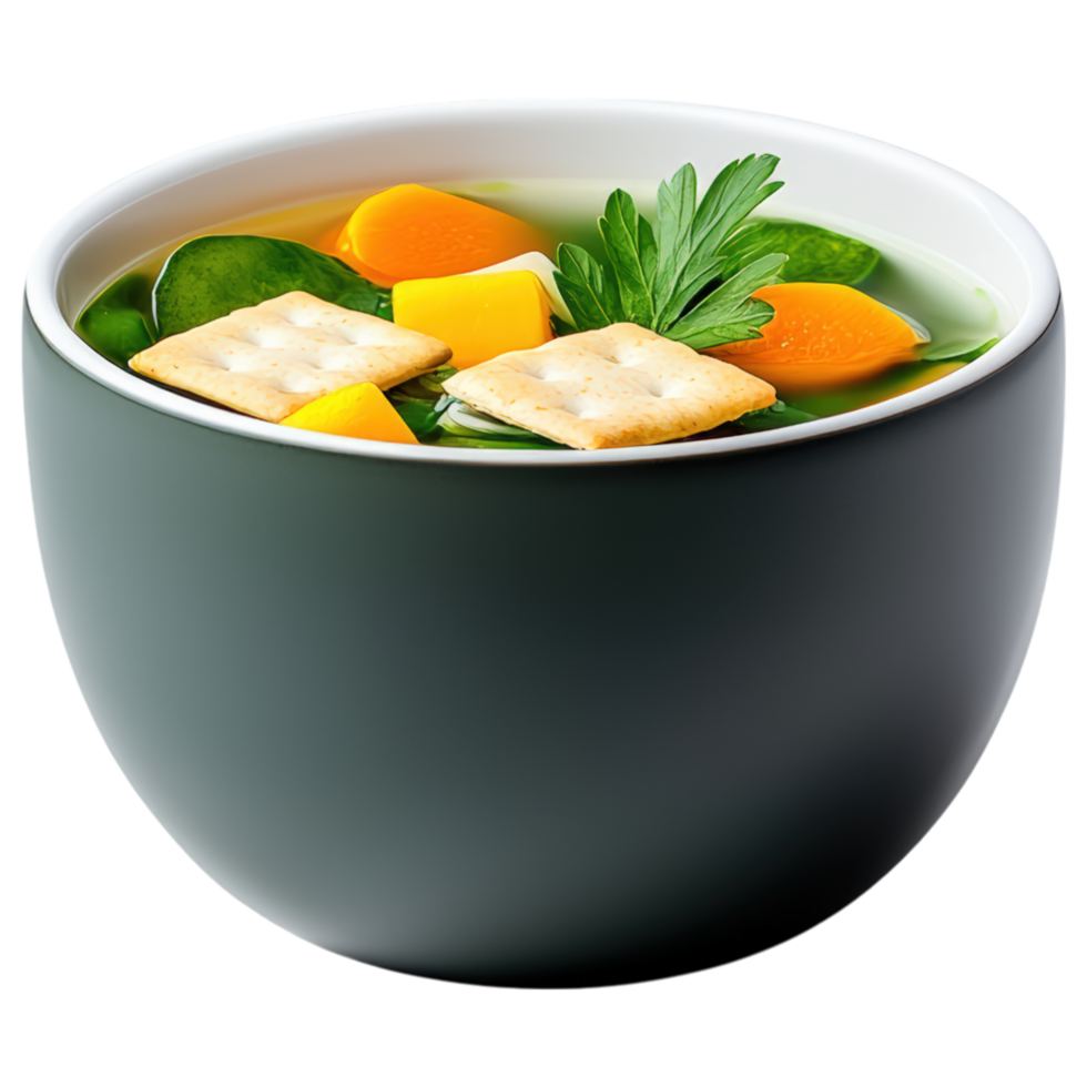 Food concept, bowl of mild vegetable soup with crackers, featuring vibrant greens and colorful vegetables, evokes warmth and comfort png