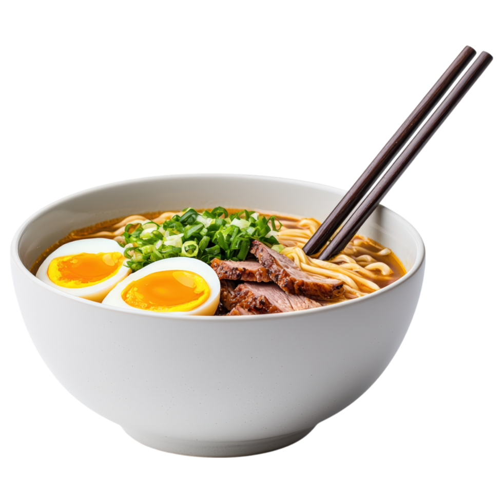 Food concept, delicious bowl of ramen featuring rich broth, soft boiled eggs, and tender meat, perfect for comforting meal png