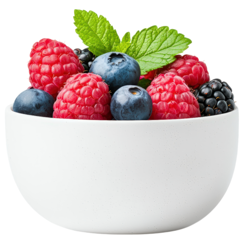 Food concept, bowl of vibrant mixed berries including raspberries, blueberries, and blackberries, garnished with fresh mint leaves png