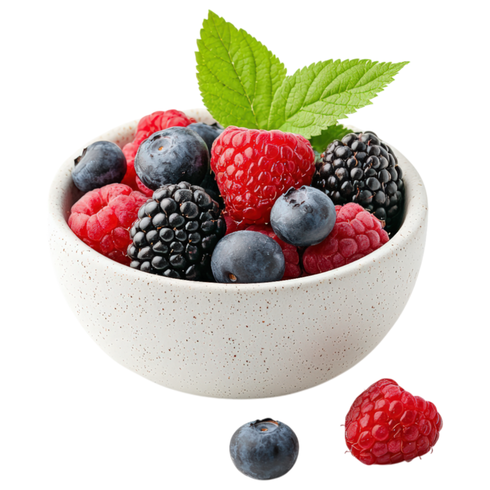 Food concept, bowl of vibrant mixed berries including raspberries, blueberries, and blackberries, garnished with fresh leaf, evokes sense of png
