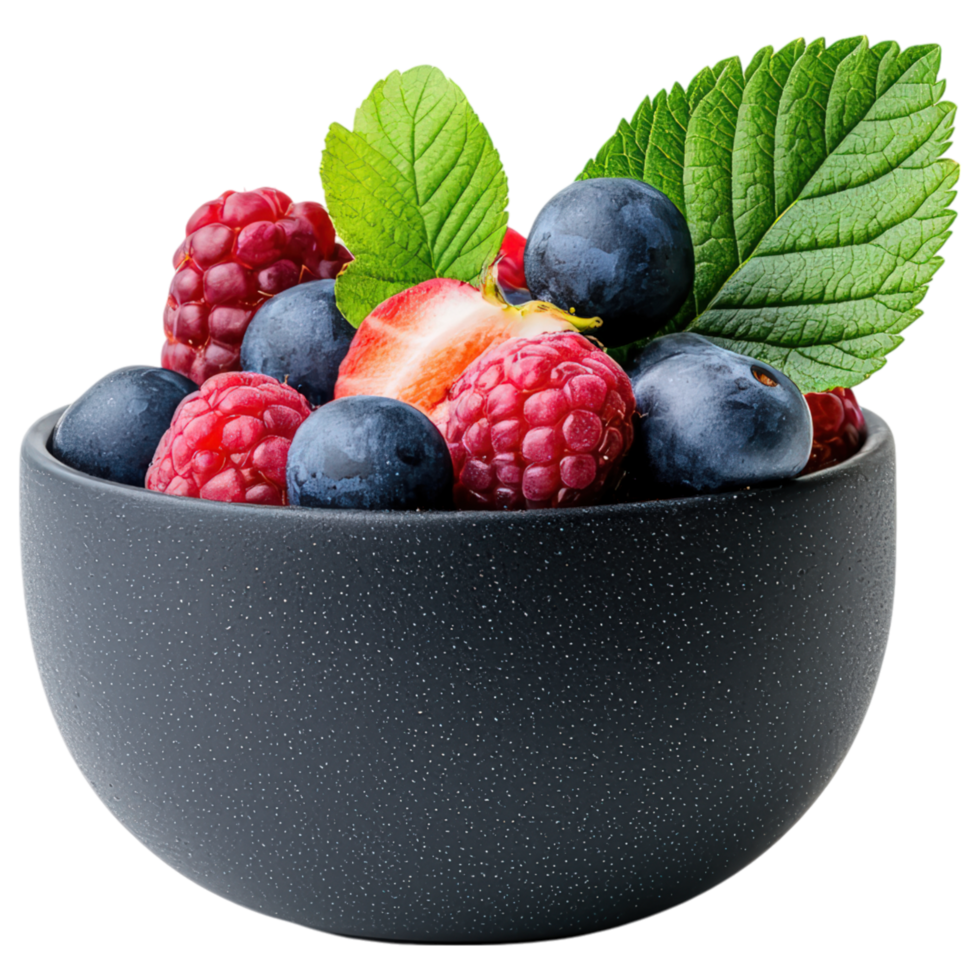 Food concept, bowl of vibrant mixed berries, including raspberries, blueberries, and strawberries, garnished with fresh mint leaves png