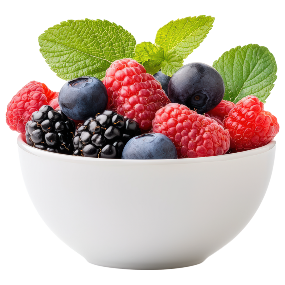 Food concept, bowl of vibrant mixed berries, including raspberries, blueberries, and blackberries, garnished with fresh mint leaves, evokes png