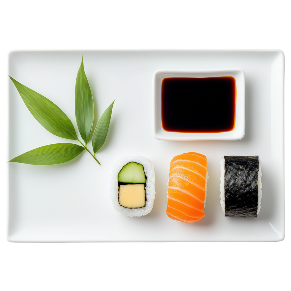 Food concept, beautifully arranged sushi platter with soy sauce and fresh leaves, showcasing vibrant colors and textures png