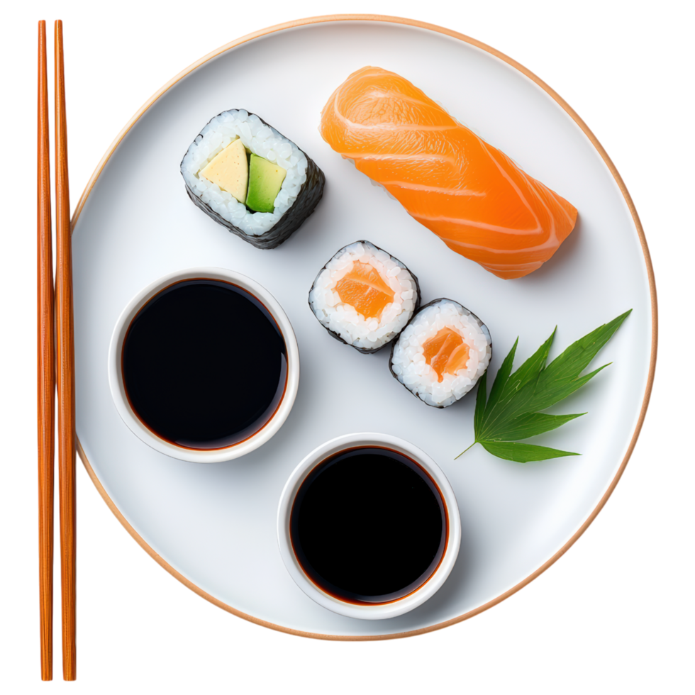 Food concept, beautifully arranged sushi platter featuring salmon, avocado rolls, and soy sauce, evoking sense of culinary delight png