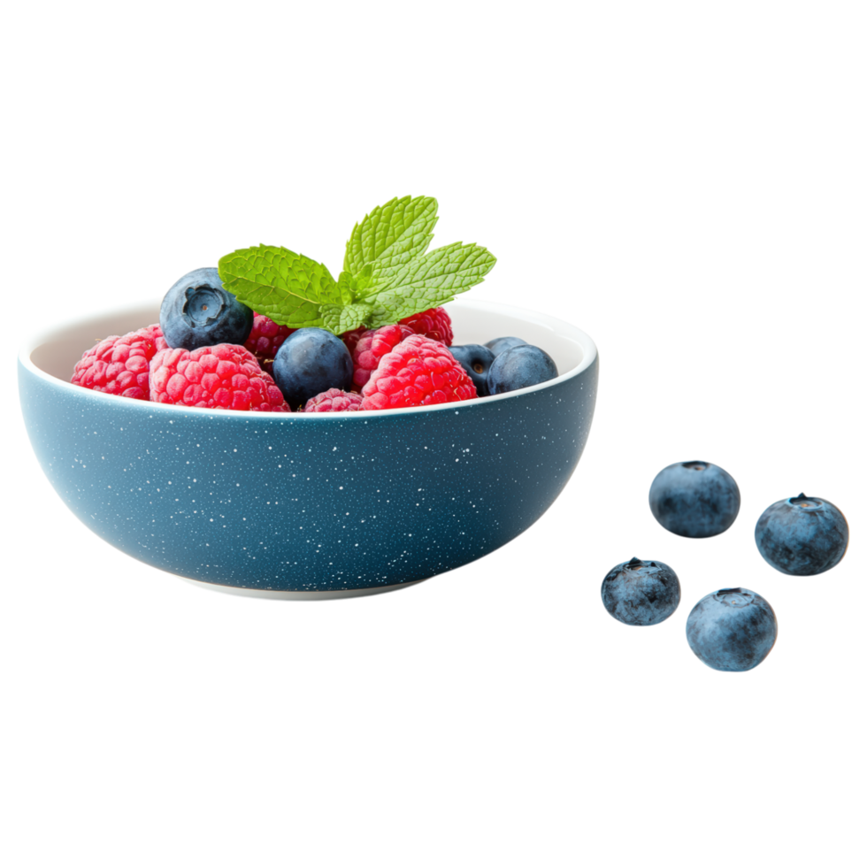 Food concept, bowl of colorful mixed berries, including raspberries and blueberries, garnished with fresh mint, evokes refreshing and vibrant feel png