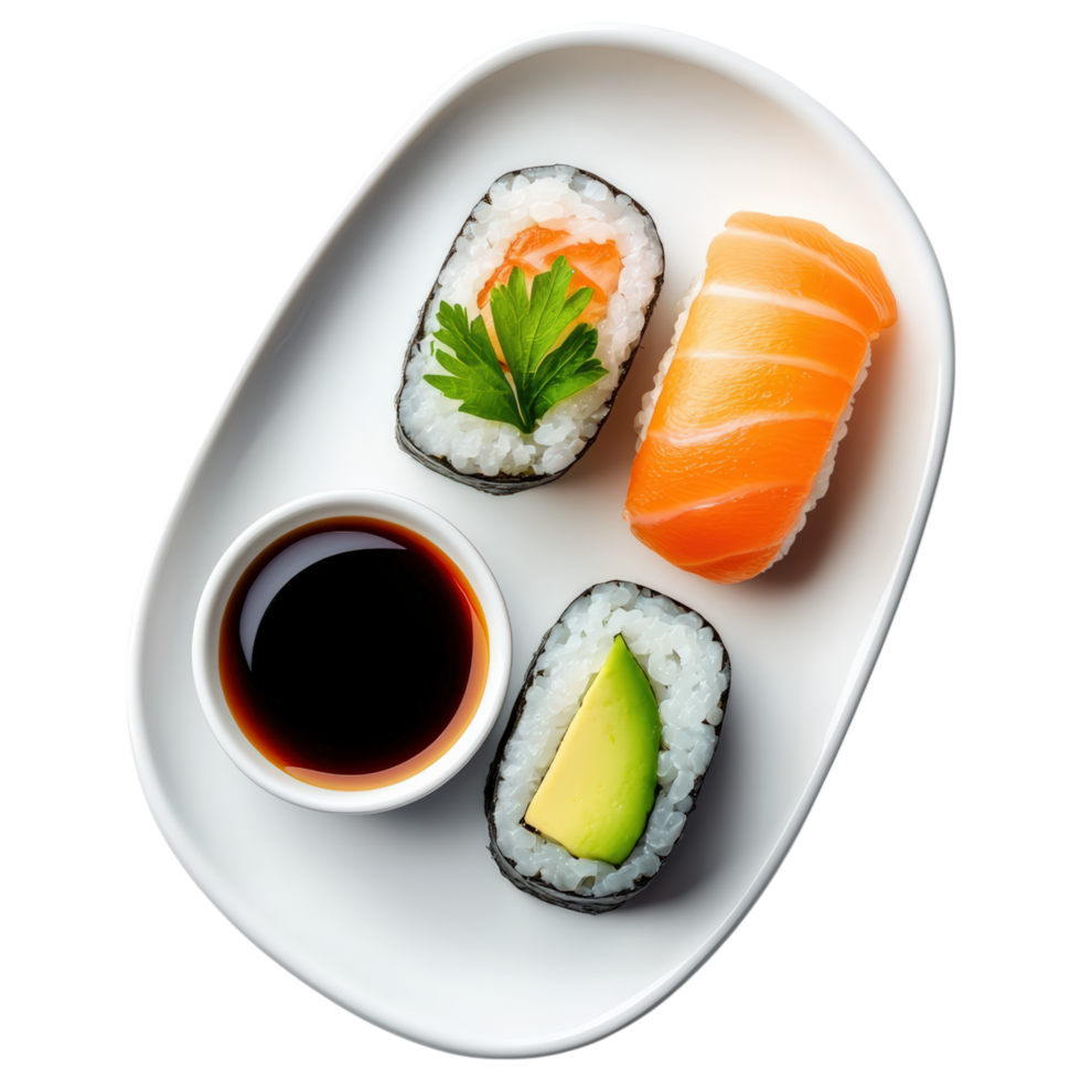 Food concept, beautifully arranged sushi platter featuring salmon, avocado, and side of soy sauce, perfect for delightful meal png