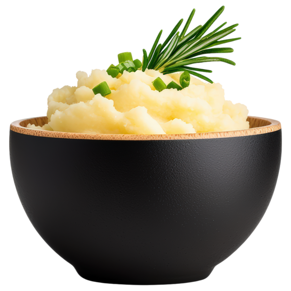 Food concept, Creamy mashed potatoes in black bowl, garnished with green onions and sprig of rosemary, evoke comfort and warmth png