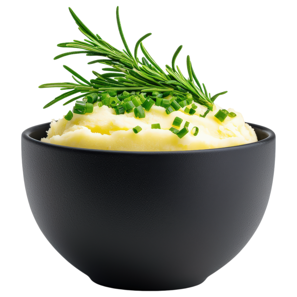Food concept, Creamy mashed potatoes topped with fresh herbs in black bowl, perfect for comforting meal. png