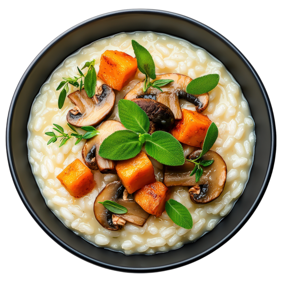 Food concept, Creamy mushroom risotto with fresh herbs, featuring mushrooms, squash, and aromatic greens, evokes comforting culinary experience png
