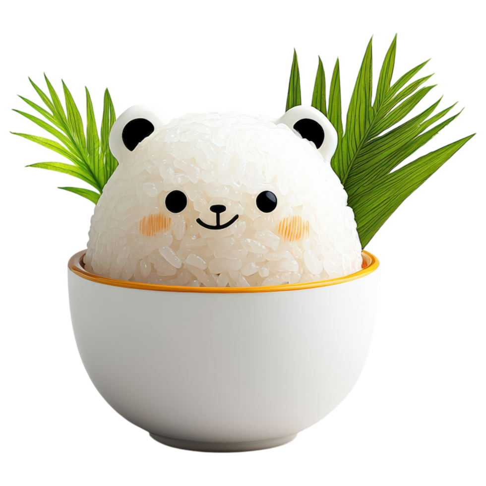 Food concept, cute bear shaped rice ball with smiling face, surrounded by green leaves in white bowl, evokes playful and delightful atmosphere png