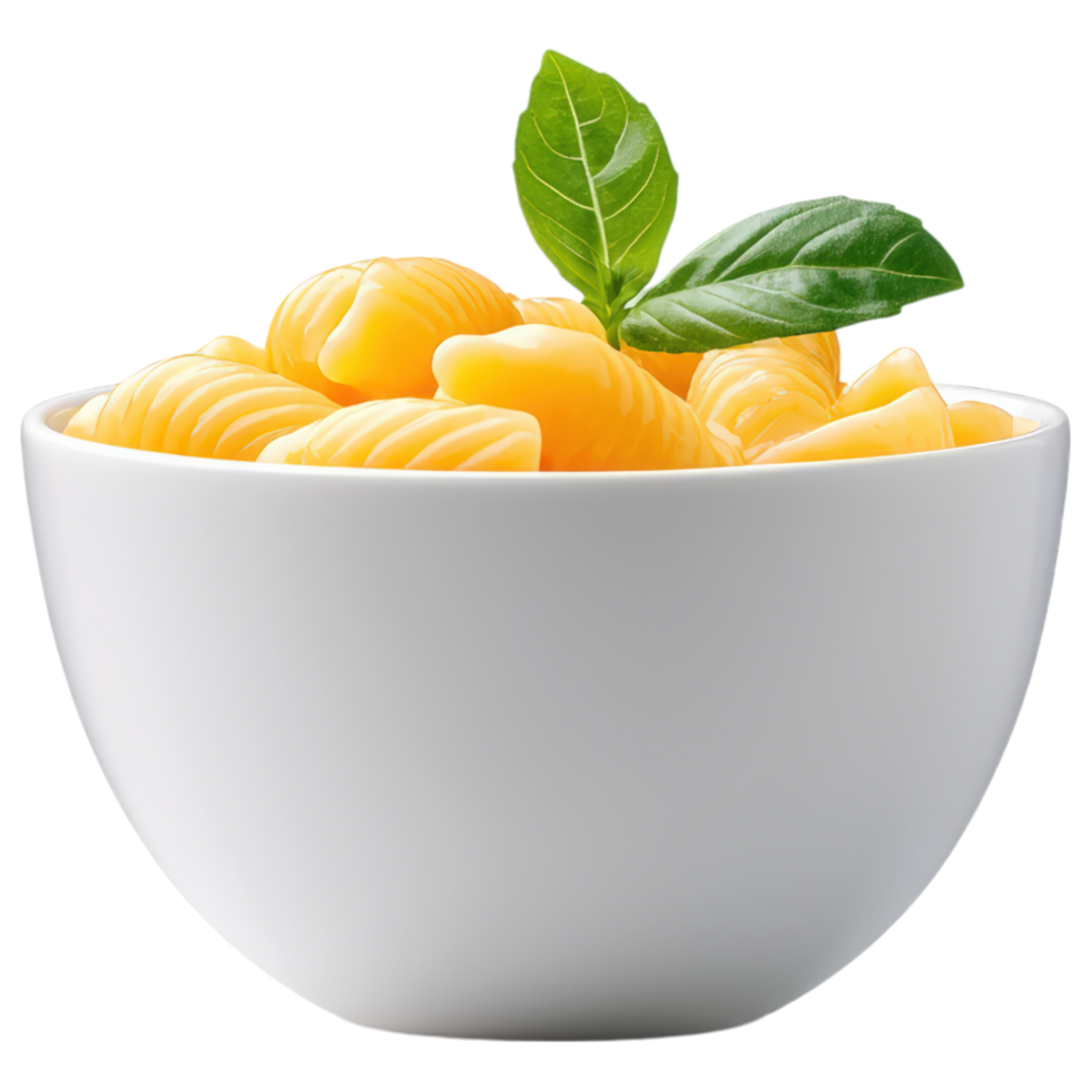 Food concept, Creamy macaroni and cheese in white bowl, garnished with fresh basil leaves, evokes comfort and satisfaction png