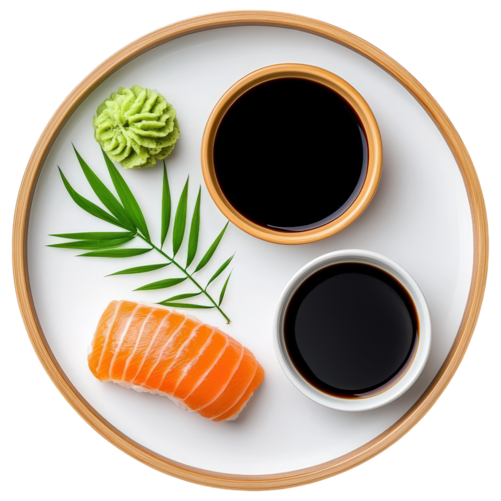 Food concept, beautifully arranged sushi platter featuring fresh salmon, soy sauce, wasabi, and decorative leaves, evoking sense of culinary png