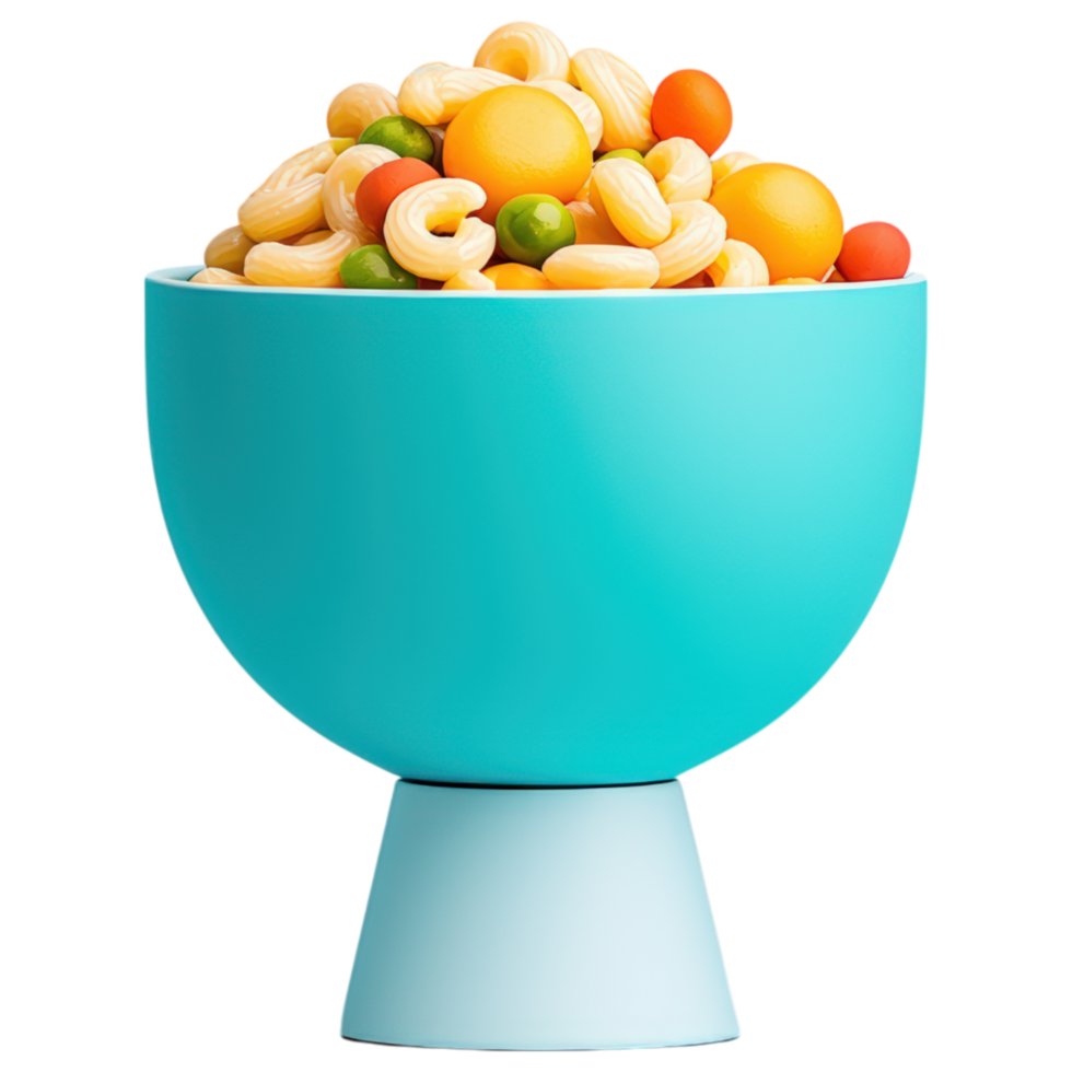 Food concept, vibrant bowl filled with creamy macaroni and cheese, topped with colorful vegetables, evokes sense of comfort and joy png