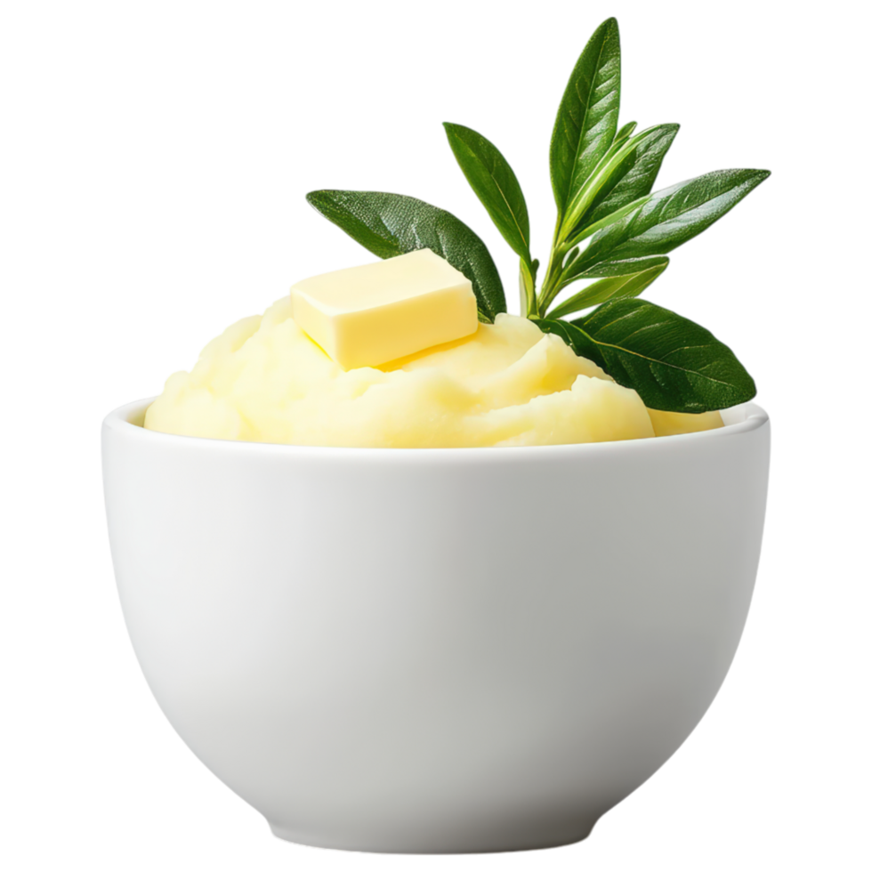 Food concept, Creamy mashed potatoes topped with pat of butter and fresh leaves create comforting and delicious dish png