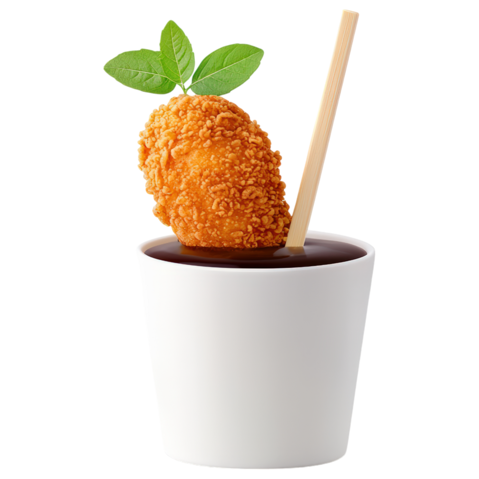 Crispy fried chicken drumstick in white cup with dipping sauce and mint leaf, creating delicious and appetizing presentation. png