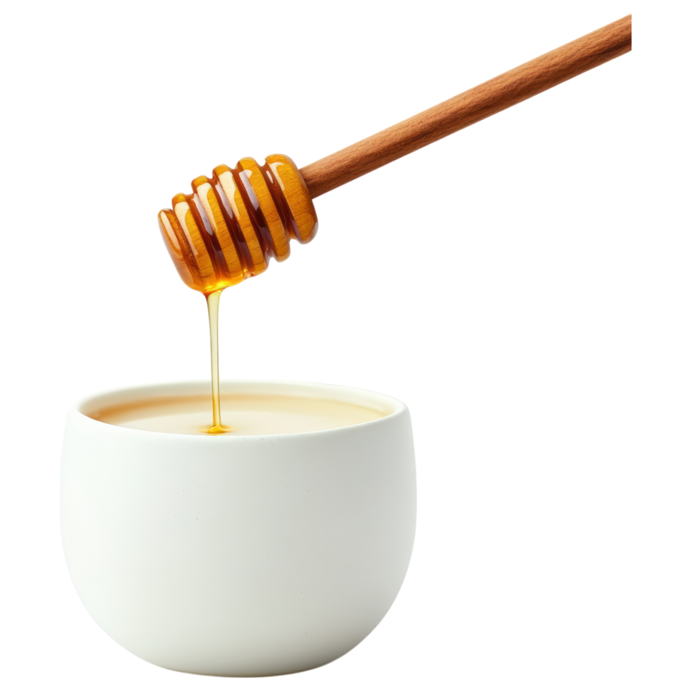 smooth, creamy bowl of honey is being drizzled with wooden dipper, creating warm and inviting atmosphere. png