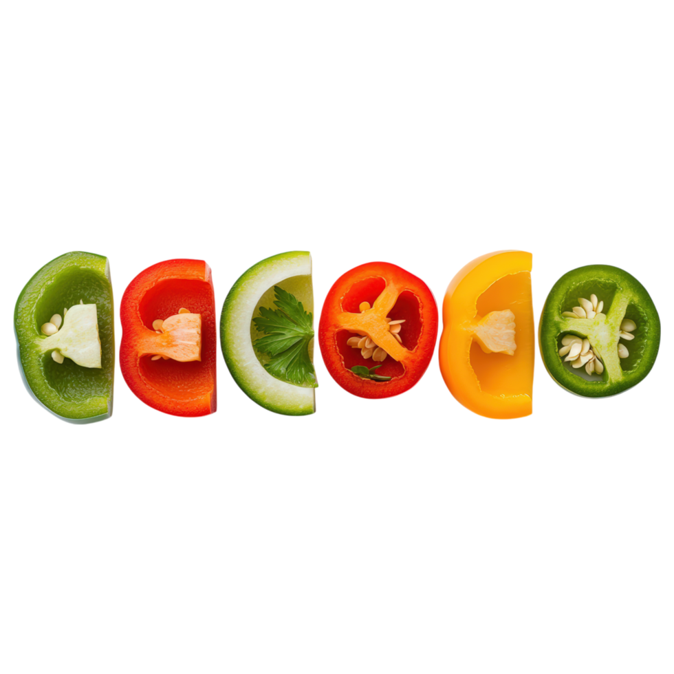 Colorful selection of sliced bell peppers arranged in line, showcasing vibrant colors and textures, perfect for healthy dishes. png