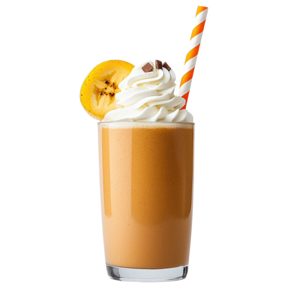 delicious banana smoothie topped with whipped cream and slice of banana, served tall glass with striped straw, perfect for refreshing png