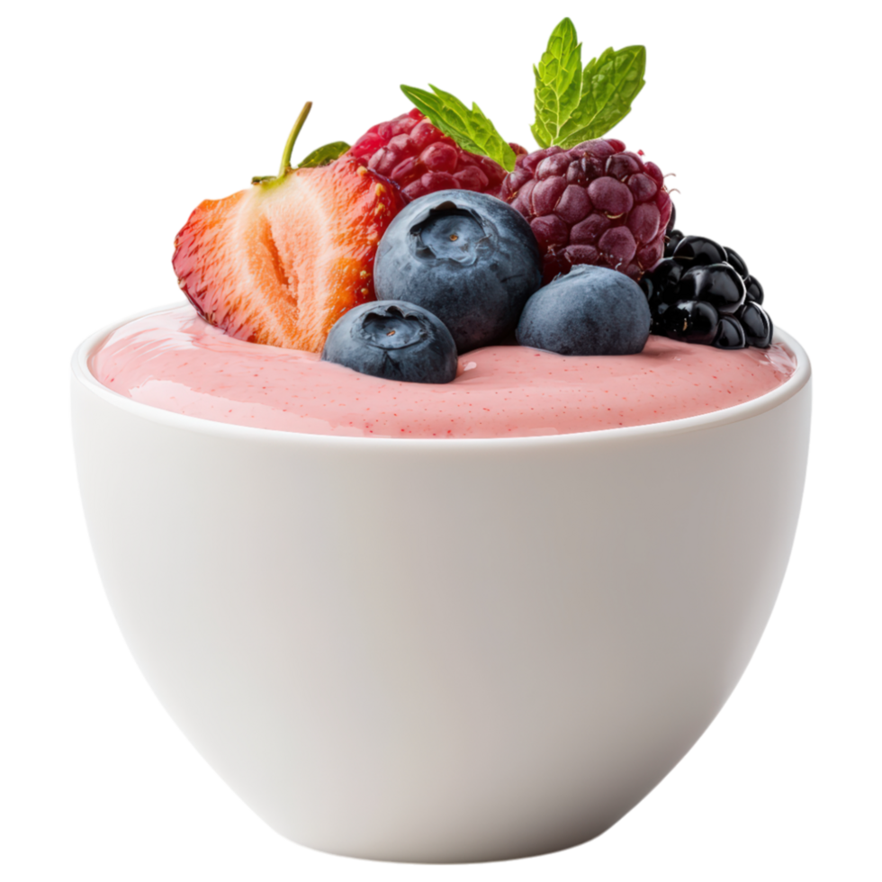 vibrant smoothie bowl filled with creamy yogurt, topped with fresh strawberries, blueberries, raspberries, and mint leaves, creating. png