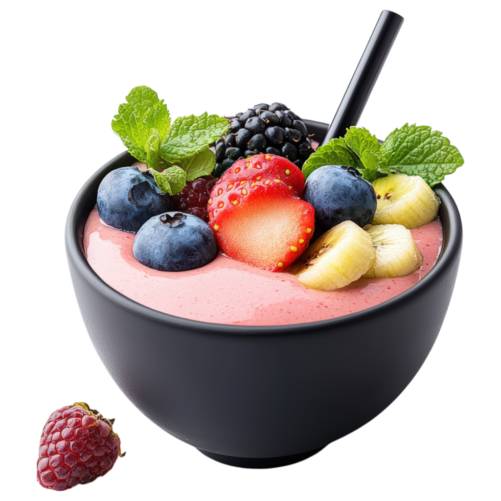 vibrant smoothie bowl filled with fresh fruits like strawberries, blueberries, and bananas, garnished with mint leaves, evokes refreshing. png