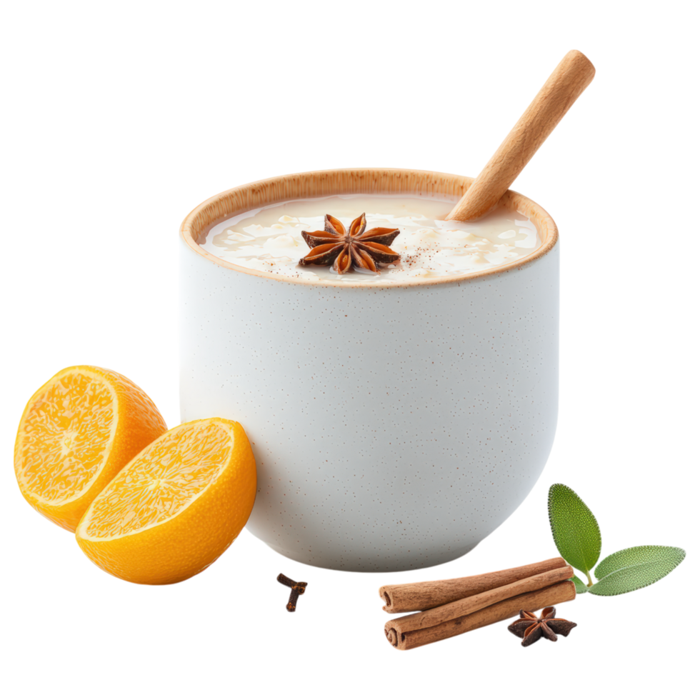 cozy bowl of warm oatmeal topped with cinnamon and honey, accompanied by fresh orange slices, evokes comforting feeling. png