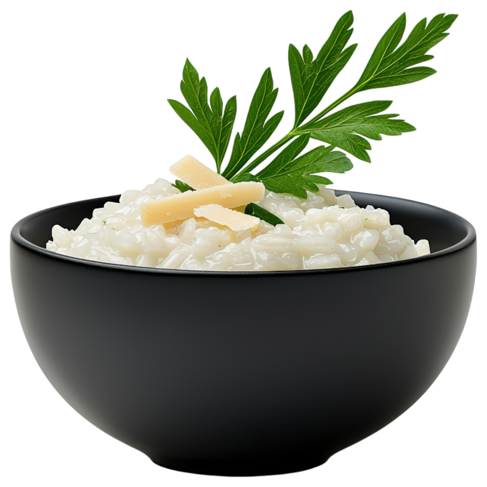 Creamy risotto with fresh herbs and cheese, garnished with parsley, offers delightful and comforting dish. png