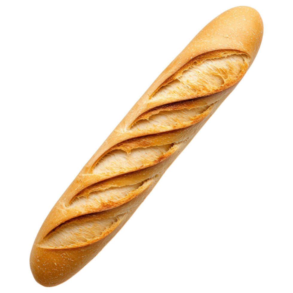 crispy French baguette with torn end, showcasing its golden crust and soft interior, perfect for any meal. png