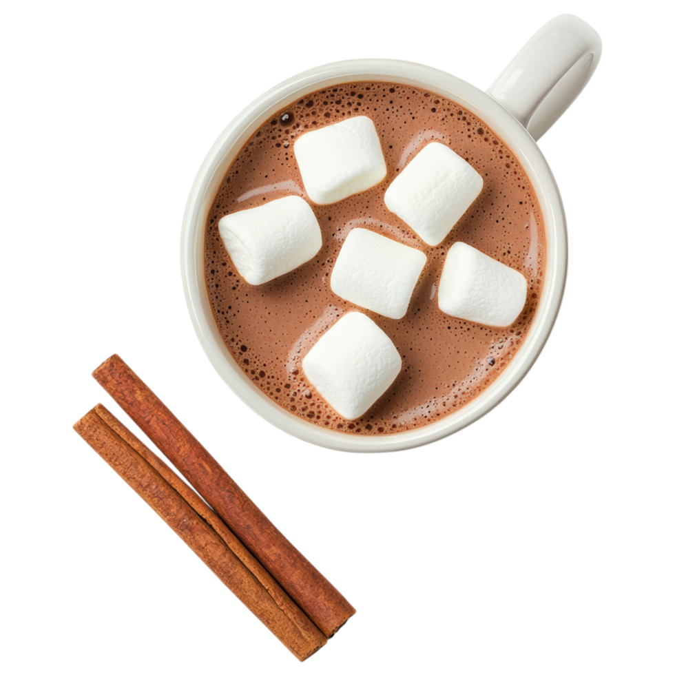 warm cup of hot cocoa topped with fluffy marshmallows and accompanied by cinnamon sticks evokes cozy feeling. png