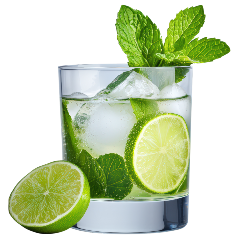 Refreshing cocktail with crushed ice, lime slices, and fresh mint leaves, perfect for summer day. png
