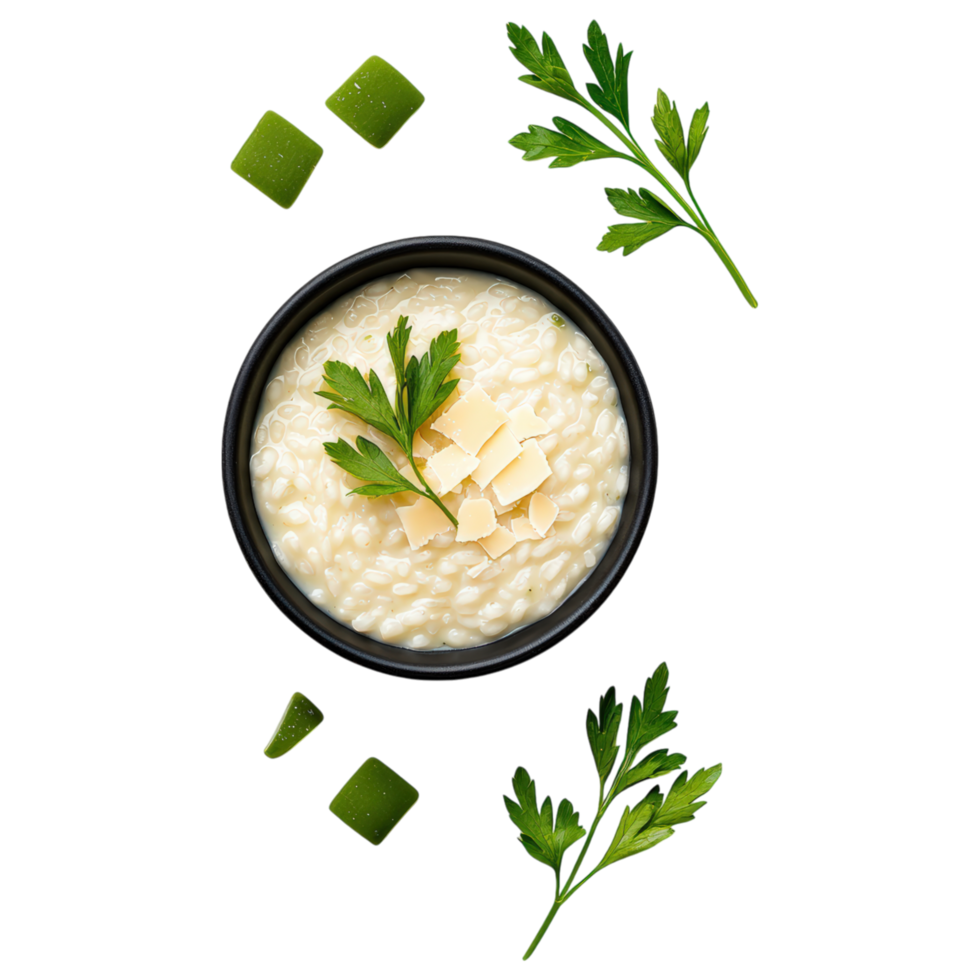 Creamy risotto with fresh herbs and cheese, garnished with parsley and green cubes, evokes comforting and delicious meal experience. png
