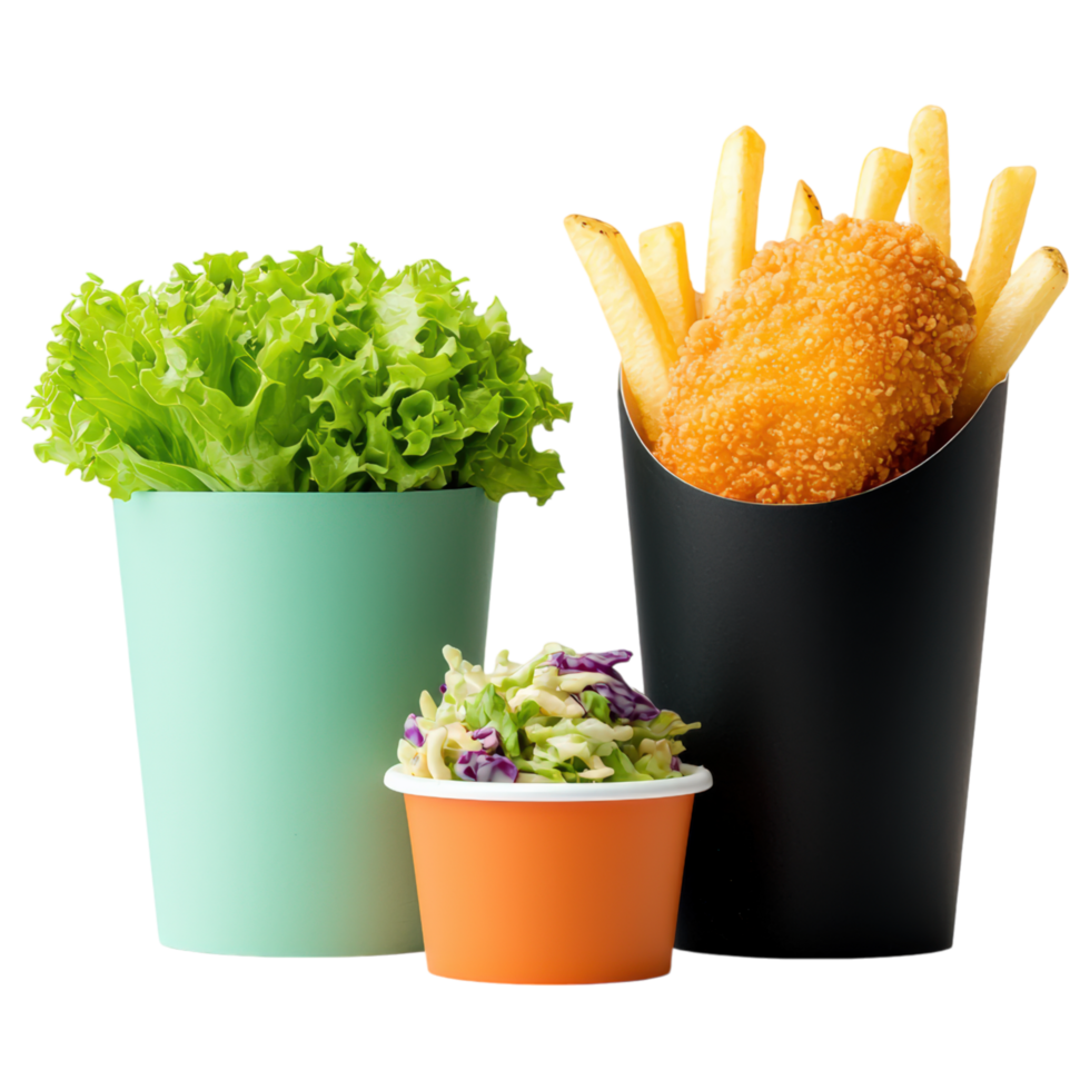 Fresh lettuce, crispy fries, and coleslaw in colorful containers create vibrant meal display. png