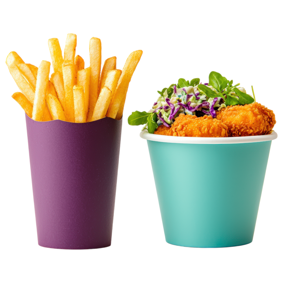 Crispy golden fried chicken with coleslaw and golden fries in colorful cups, perfect for delicious meal. png