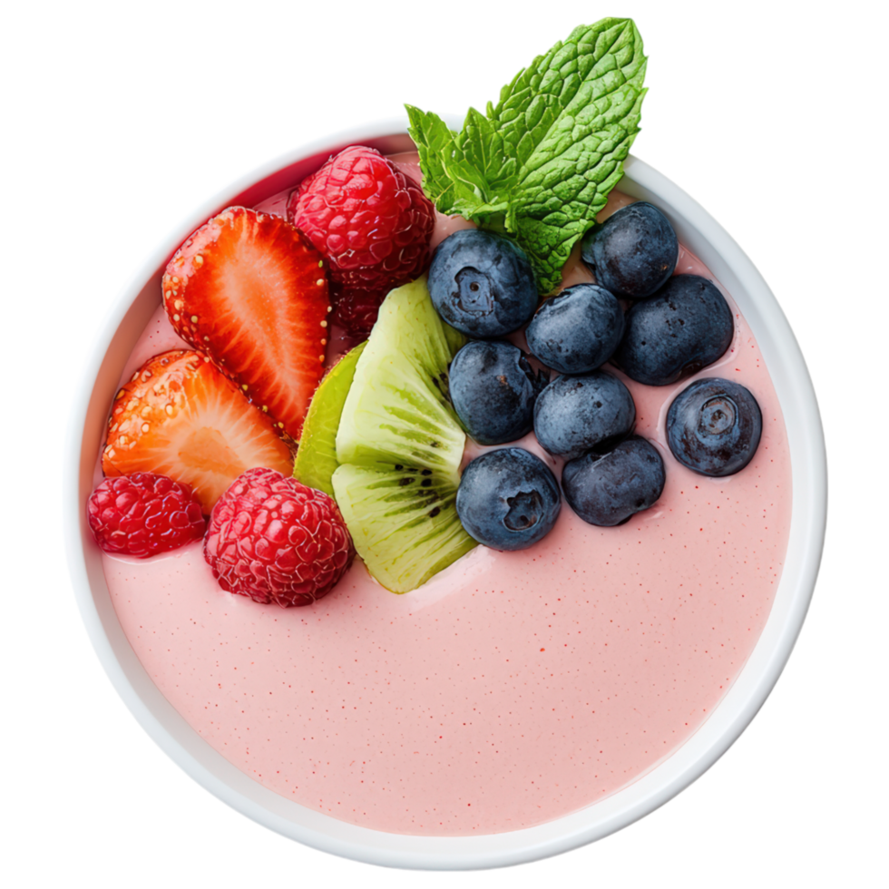 vibrant smoothie bowl featuring fresh strawberries, raspberries, blueberries, and kiwi, garnished with mint leaves for refreshing touch. png