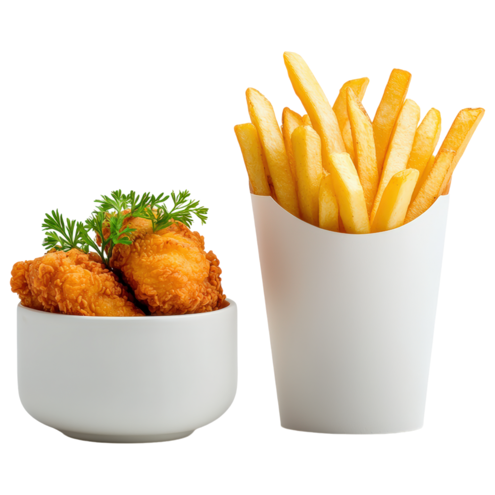 Crispy golden fried chicken with fresh parsley and golden French fries in white cup, perfect for delicious meal. png