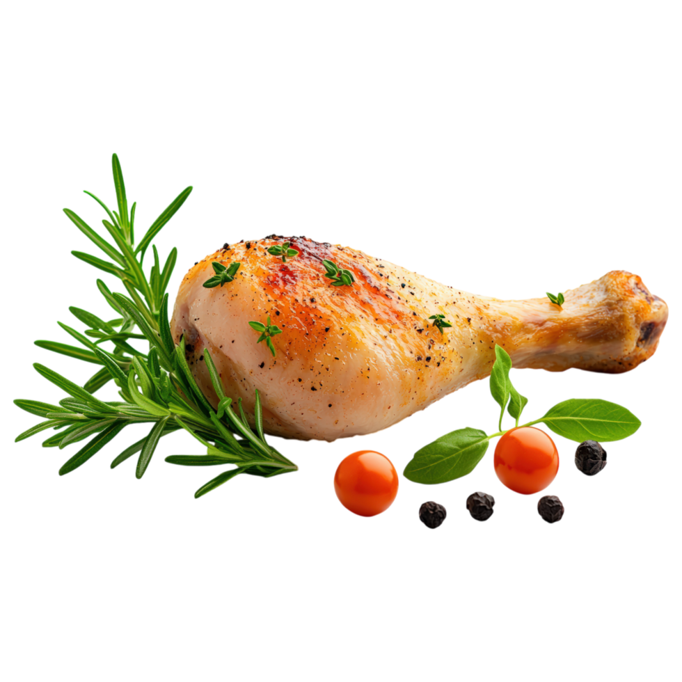 Crispy fried chicken leg with golden crust, garnished with herbs and fresh vegetables, evokes delicious and appetizing feeling. png